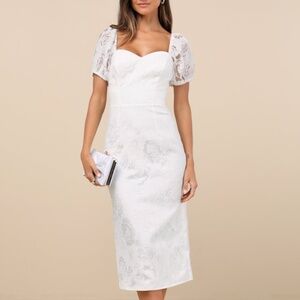 Lulus Odetta White Burnout Puff Sleeve Lace-up Midi Dress - Size XL